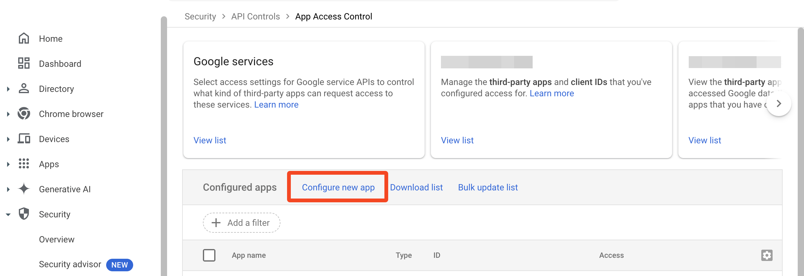 Google Admin third-party app access with Configure new app selected