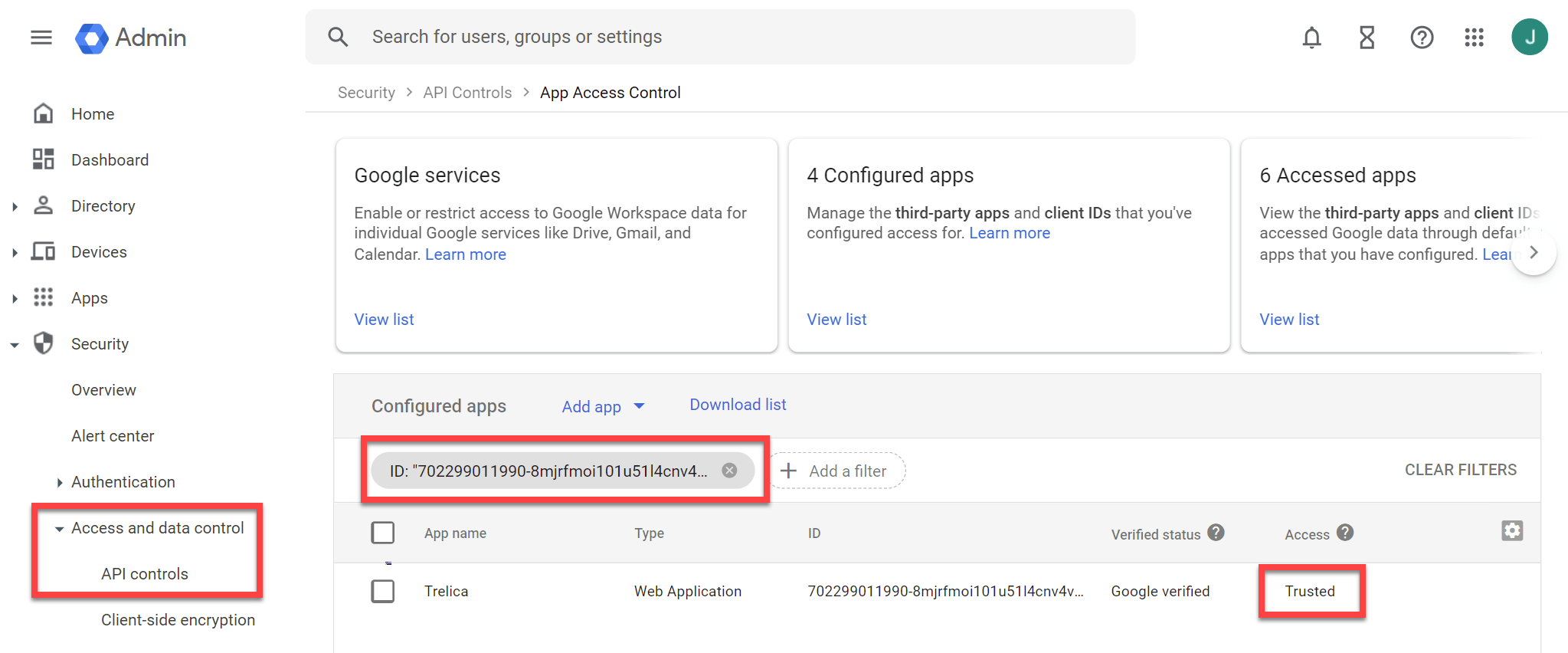 Google Admin API controls with SaaS Manager configured as a trusted app