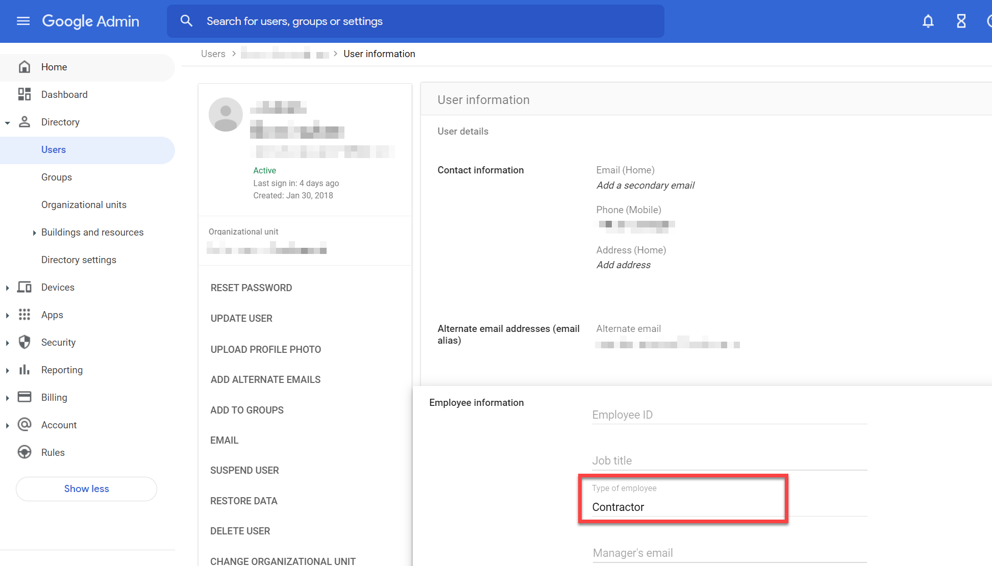 Google Workspace user employee type field