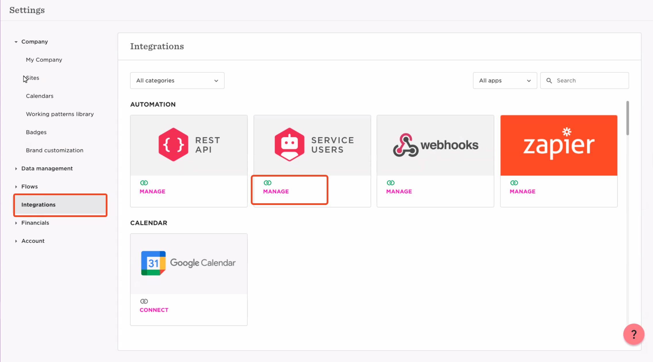 bob Integrations page with Service users selected
