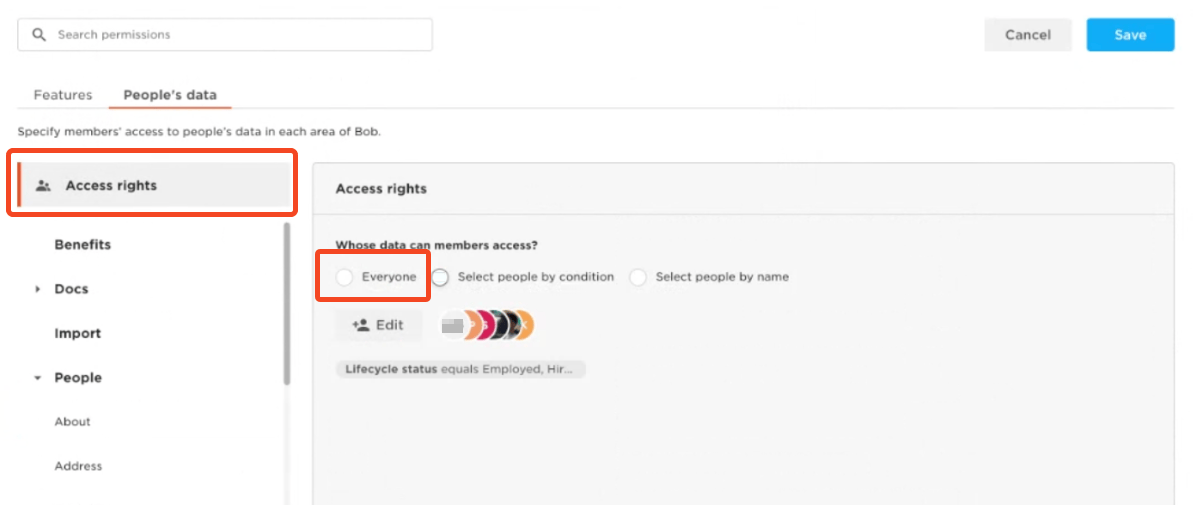 bob permission group access rights with Everyone selected