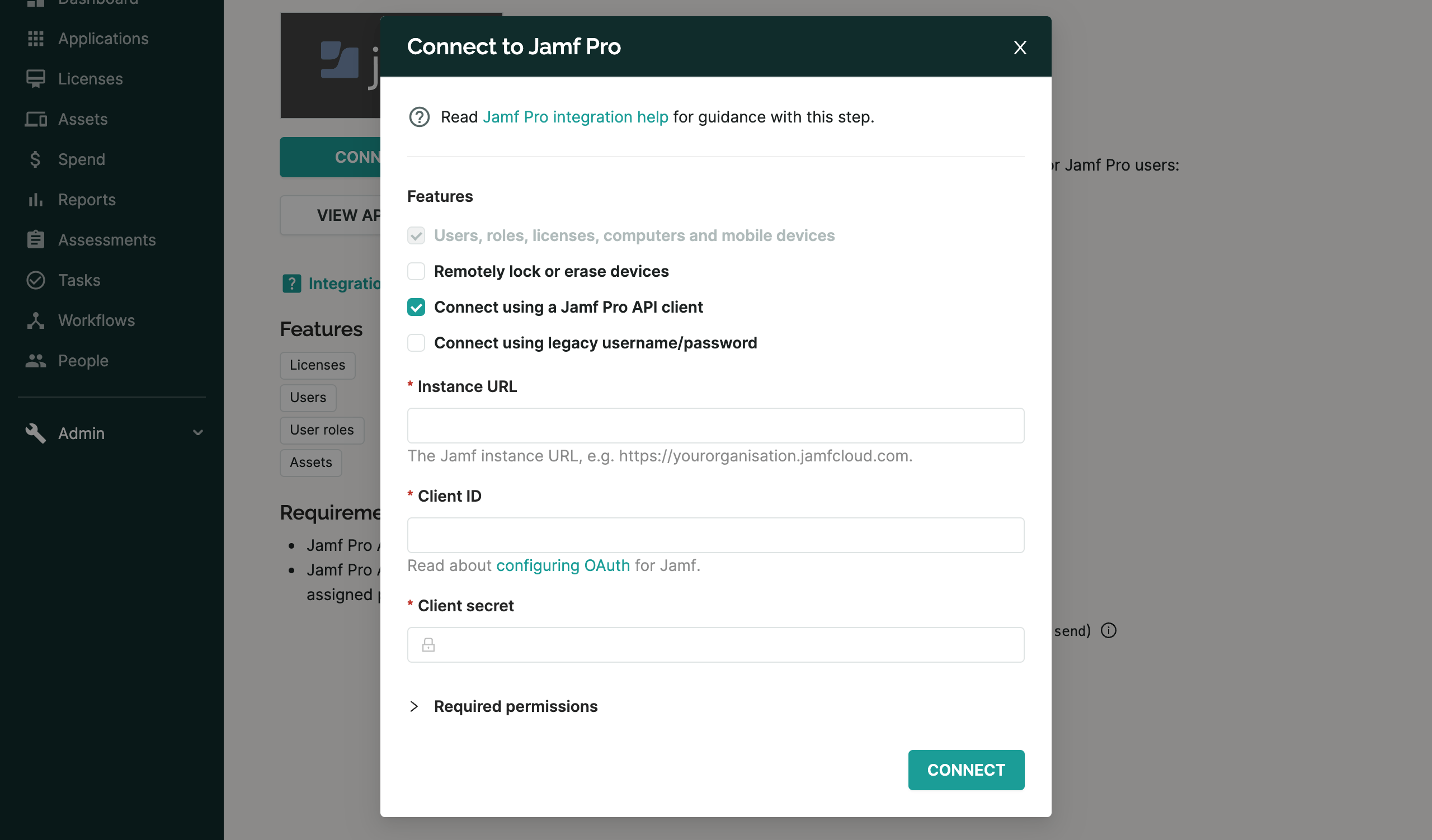 SaaS Manager Connect to Jamf Pro dialog with Connect using a Jamf Pro API client selected