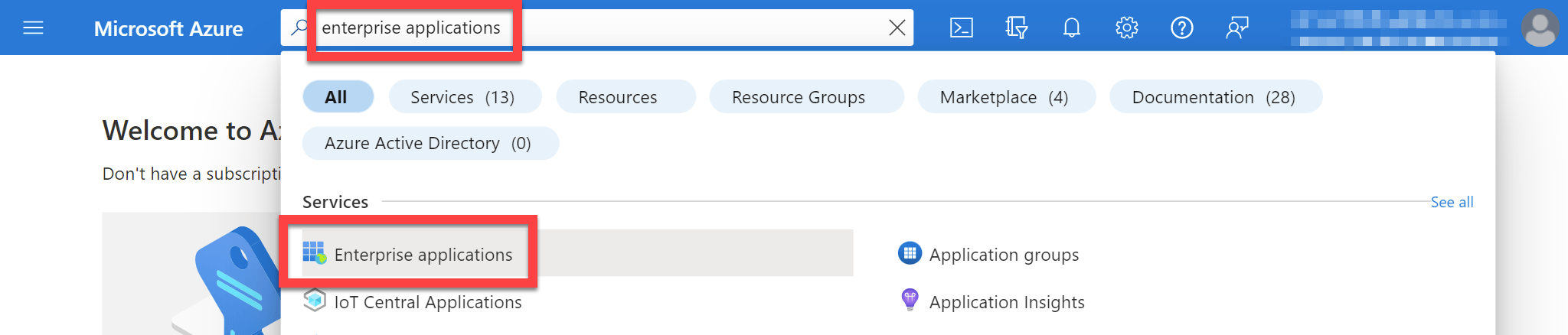 Microsoft Azure search results with Enterprise applications highlighted