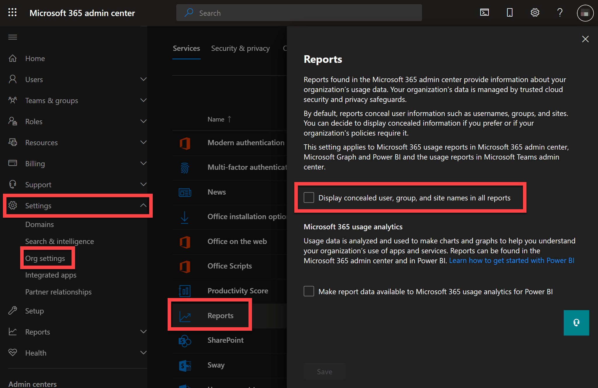 Microsoft 365 admin center Reports settings with concealed user, group, and site names option