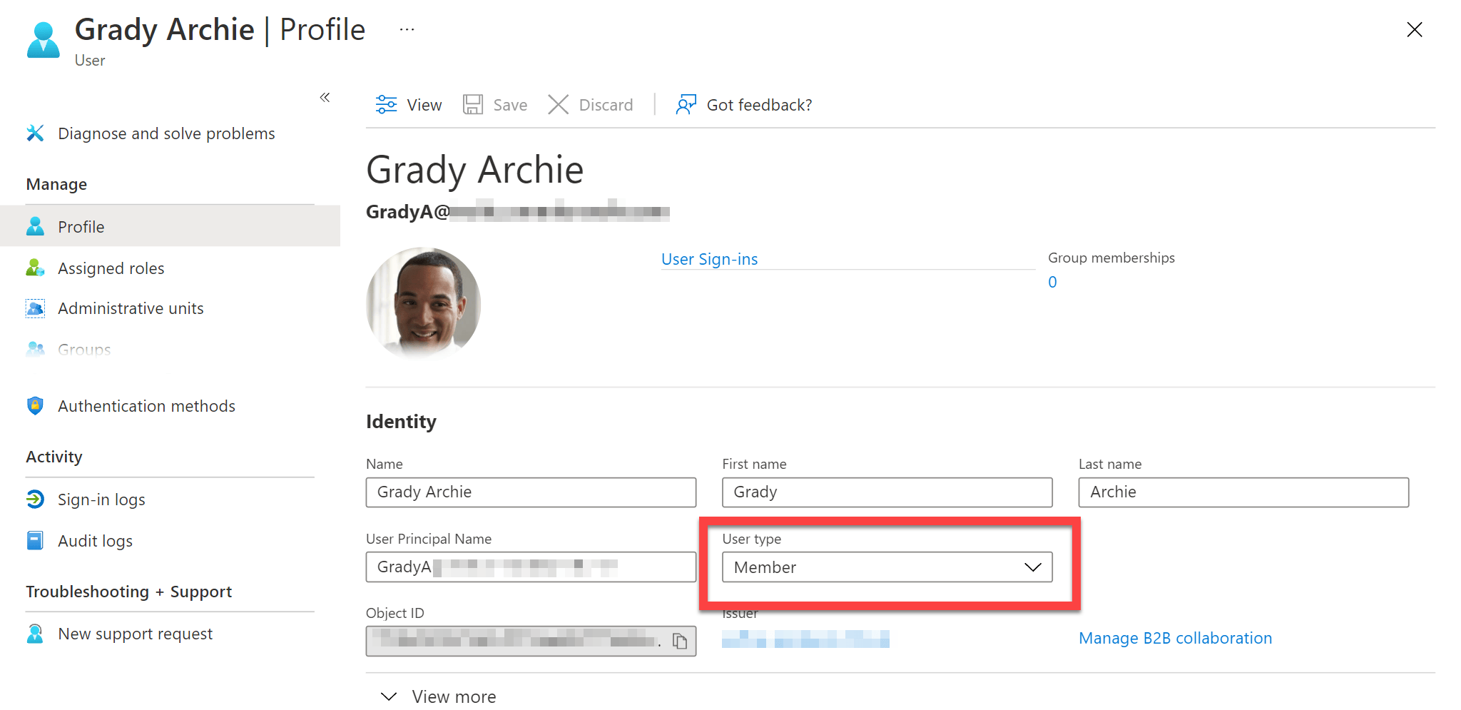 Microsoft Entra user profile with the User type field highlighted