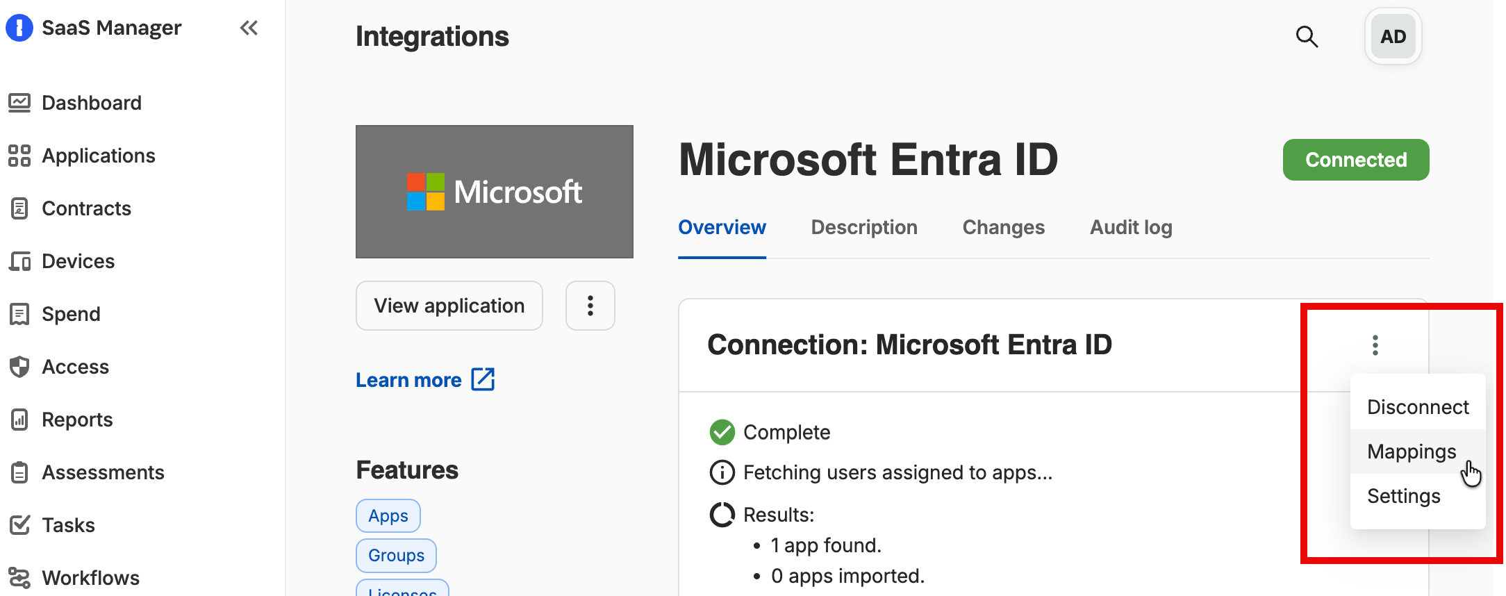 SaaS Manager Microsoft Entra ID integration menu with Mappings selected