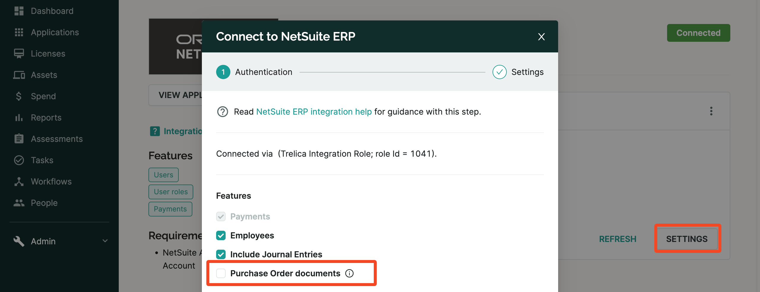 SaaS Manager NetSuite ERP settings dialog with Purchase Order documents selected