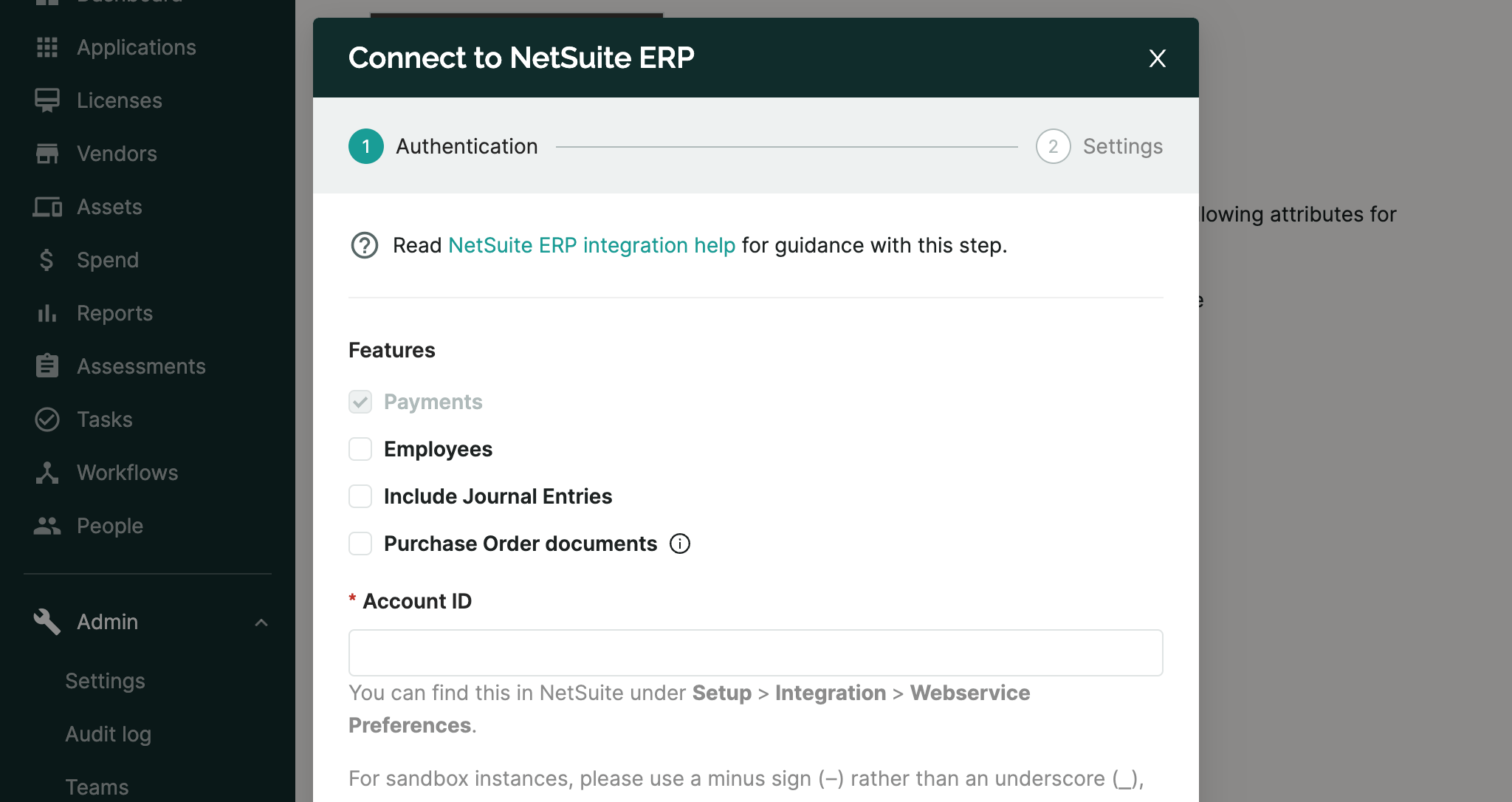 SaaS Manager Connect to NetSuite ERP dialog with authentication and feature options