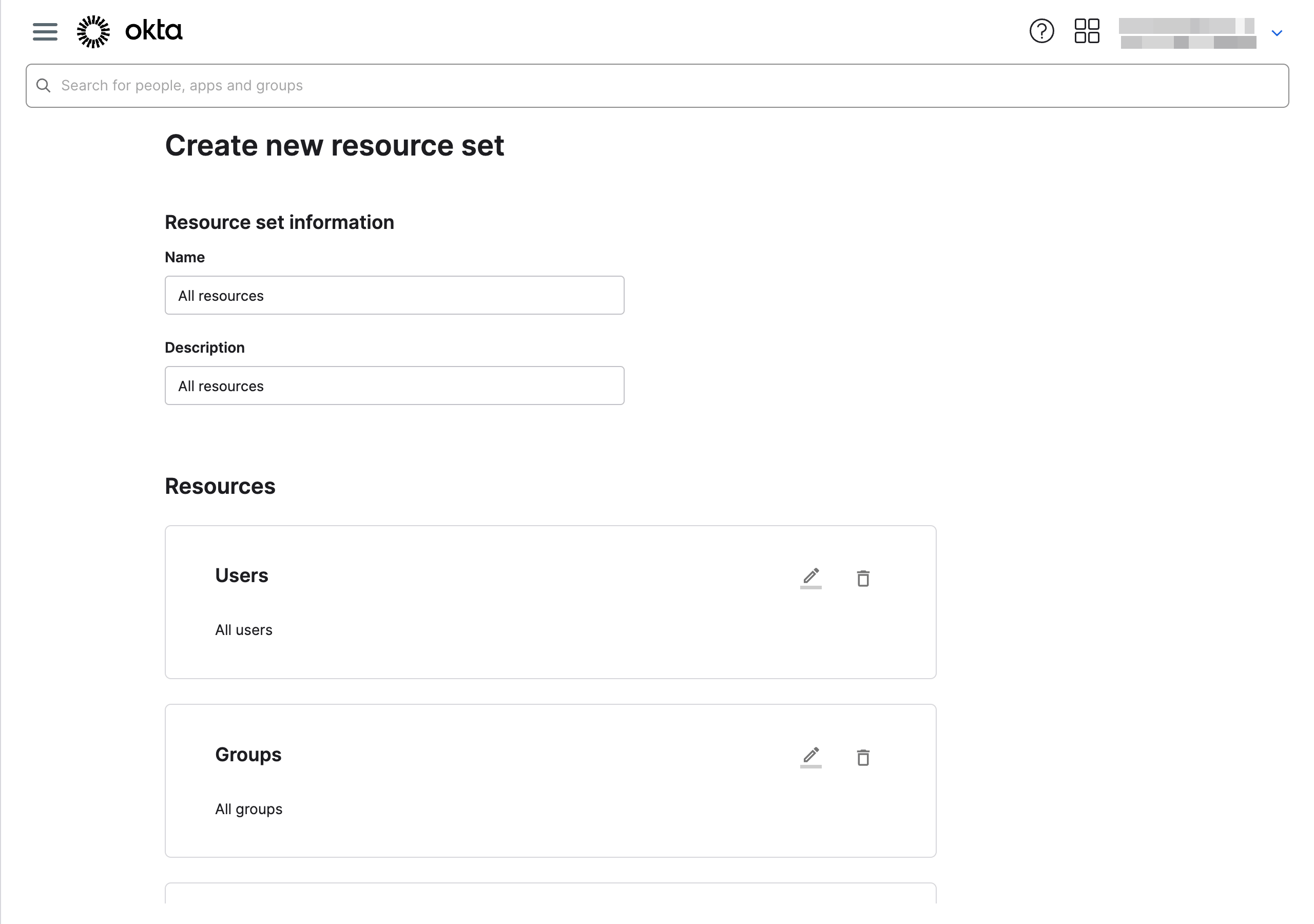 Okta Create new resource set page with Users and Groups resources