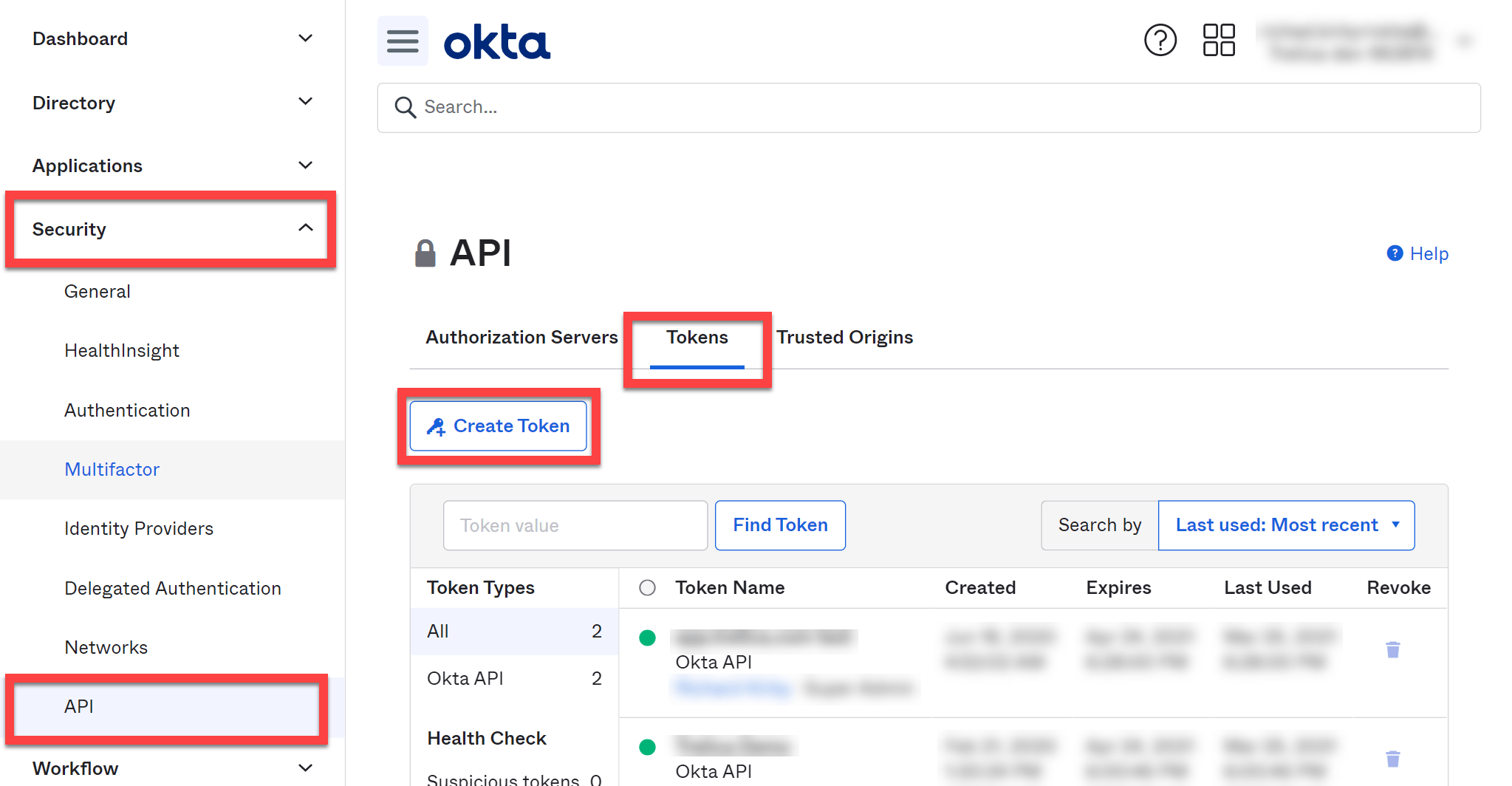 Okta API Tokens page with the Create Token button highlighted