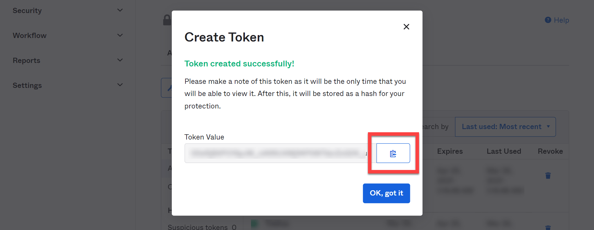 Okta Create Token dialog with the copy token button highlighted
