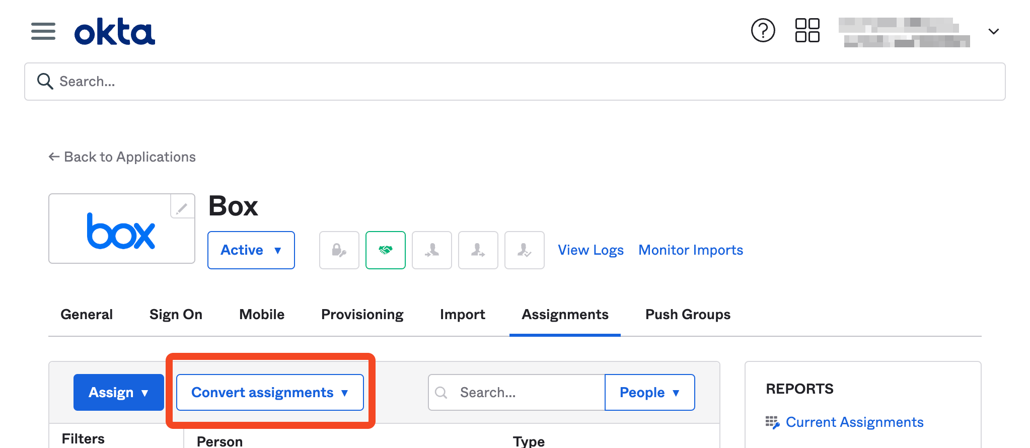 Okta Box application Assignments tab with Convert assignments highlighted