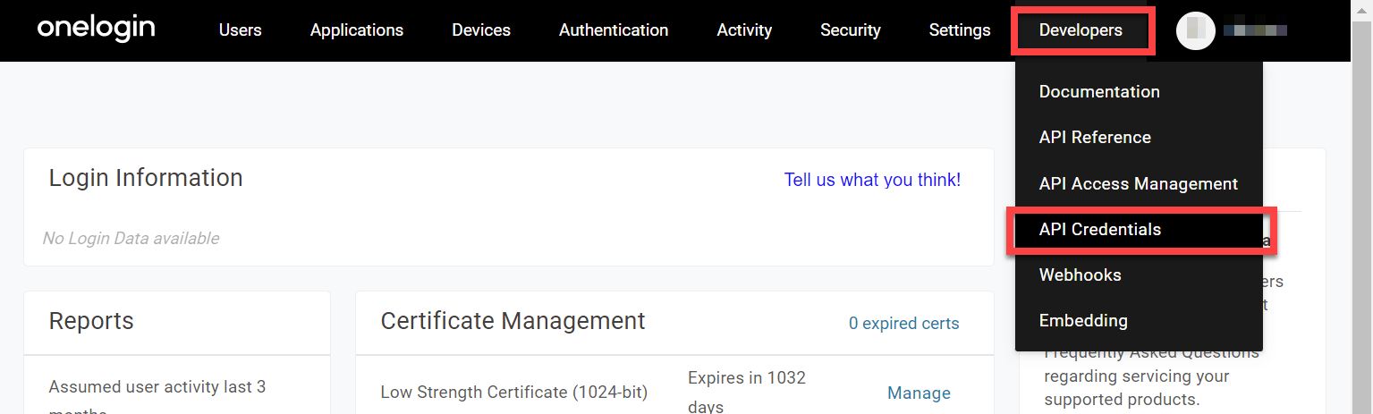 OneLogin Developers menu with API Credentials selected