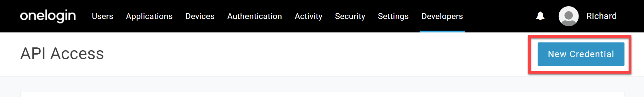 OneLogin API Access page with New Credential highlighted