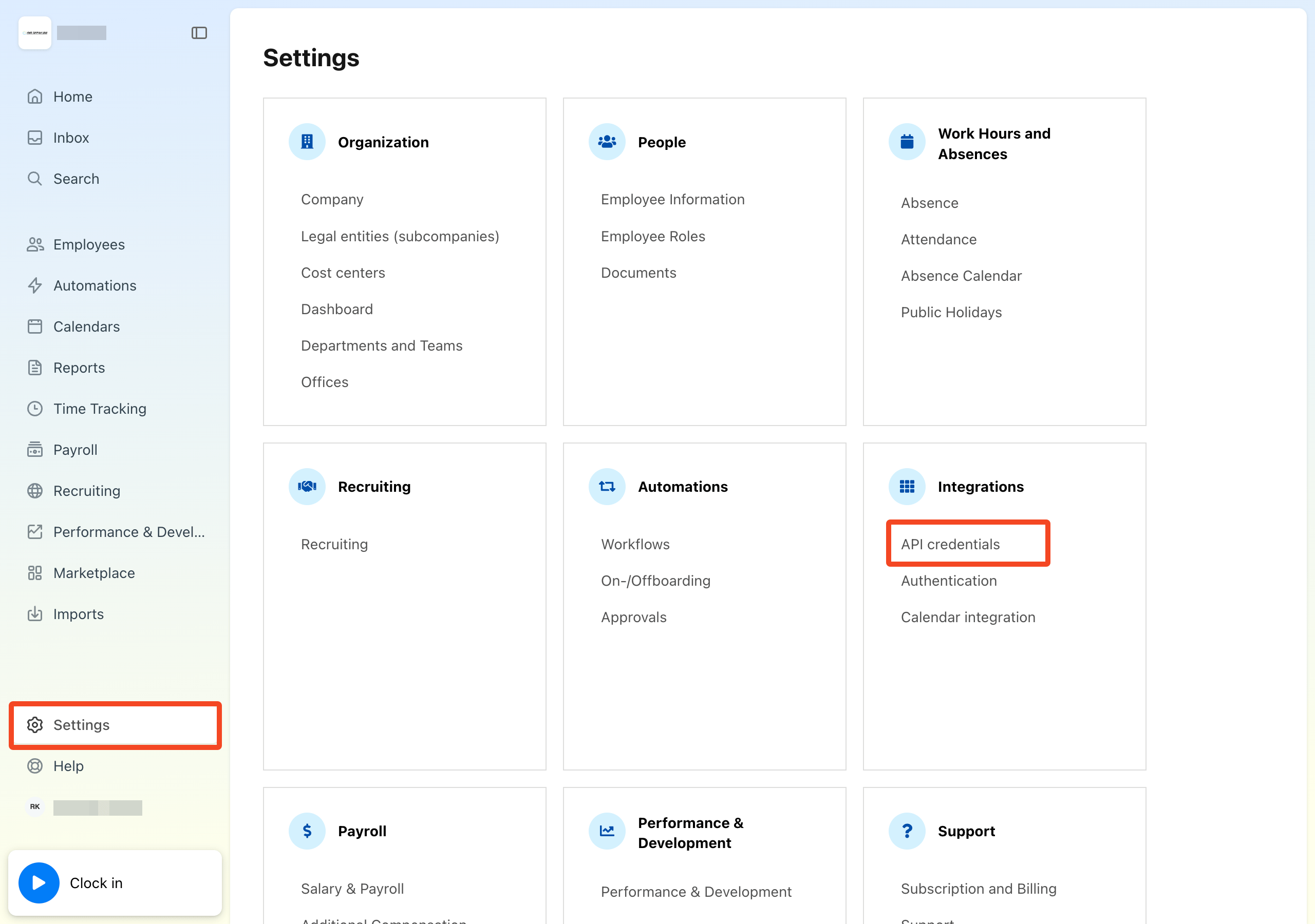 Personio Settings page with API credentials highlighted