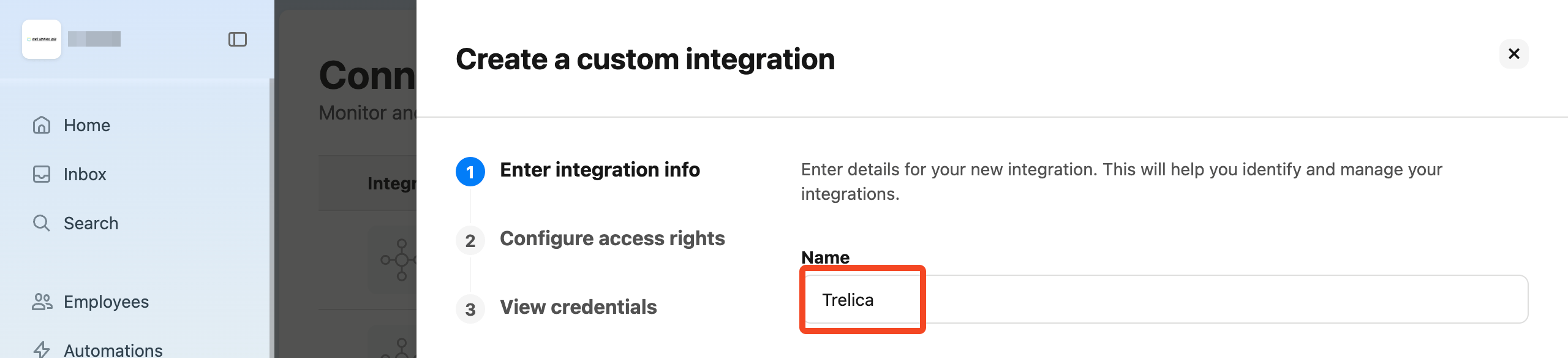 Personio Create a custom integration dialog with the integration name field