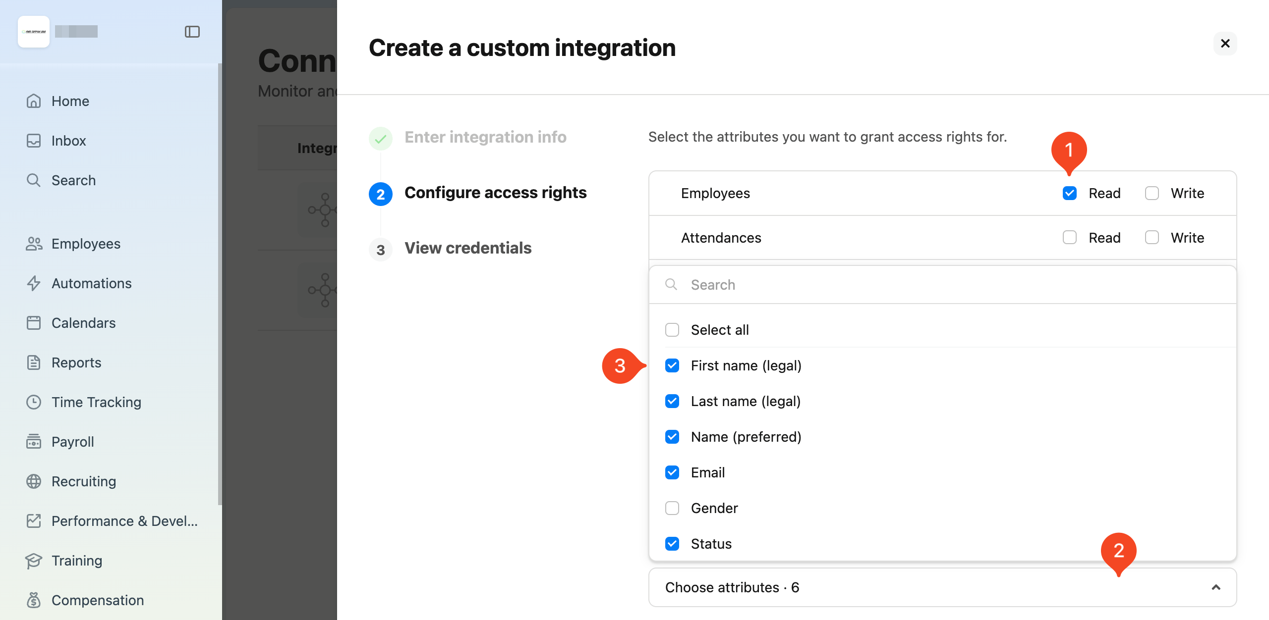 Personio custom integration access-rights configuration with employee attributes selected