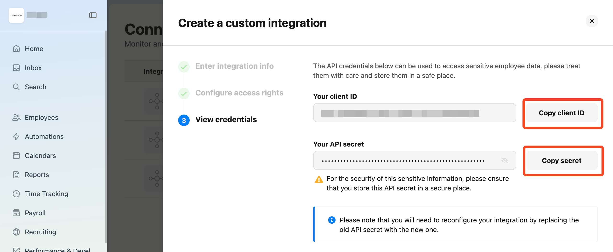 Personio custom integration credentials with Copy client ID and Copy secret buttons