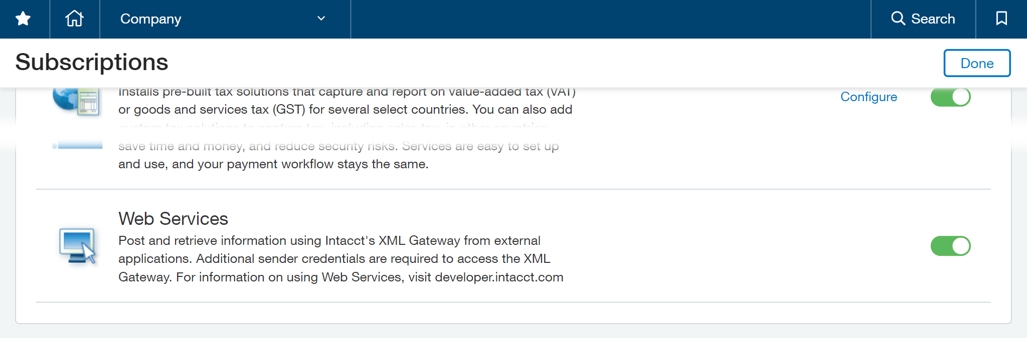 Enabling Web Services on the Company / Subscriptions page