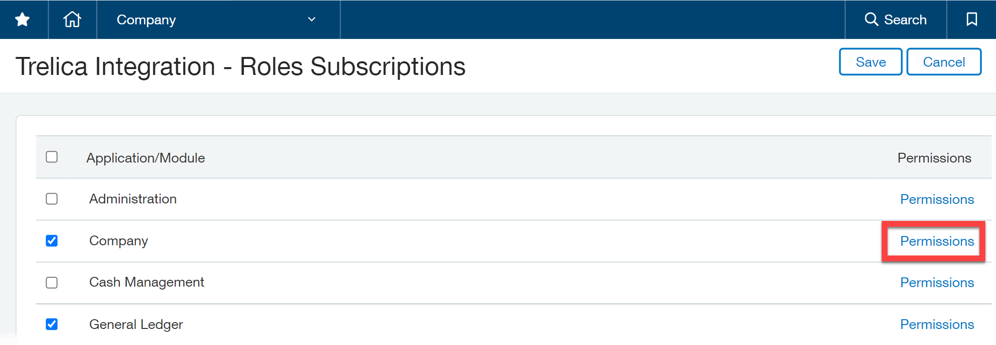 Sage Intacct role permissions page with module Permissions buttons