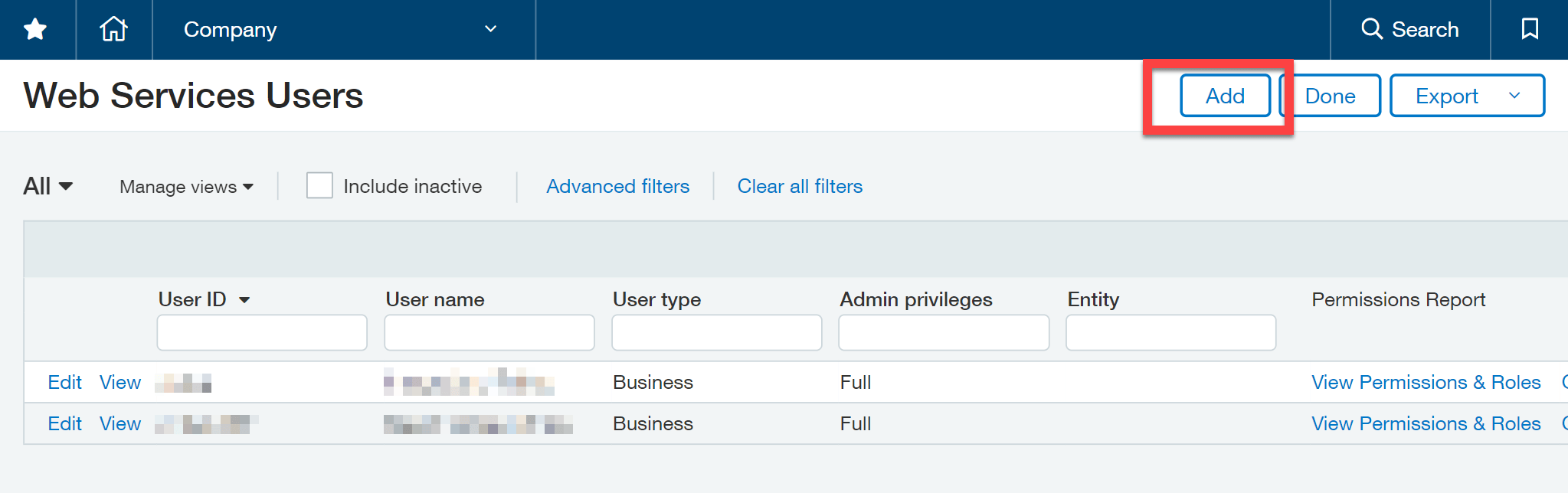 Sage Intacct Web Service Users page with Add selected