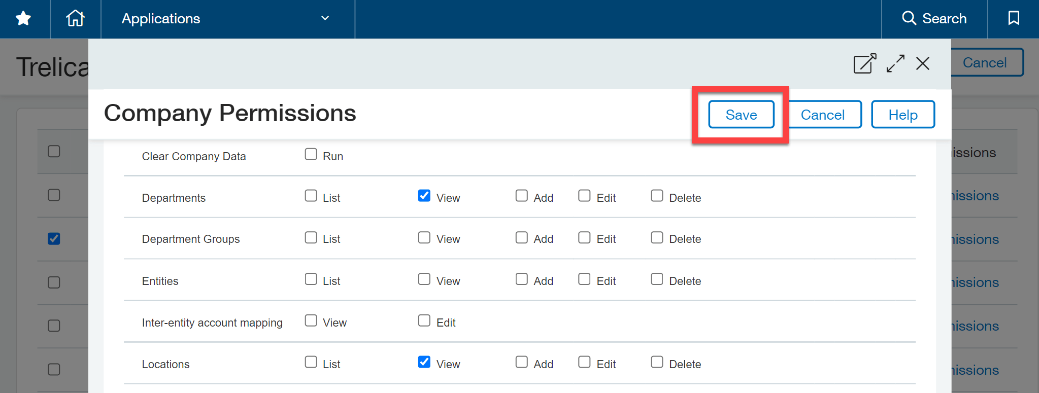 Sage Intacct permissions selection page with Save action
