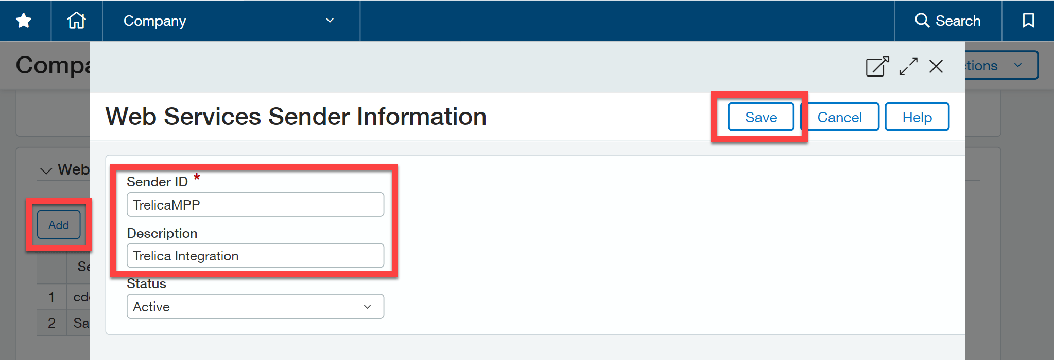 Sage Intacct Web Services authorization form with the SaaS Manager sender ID