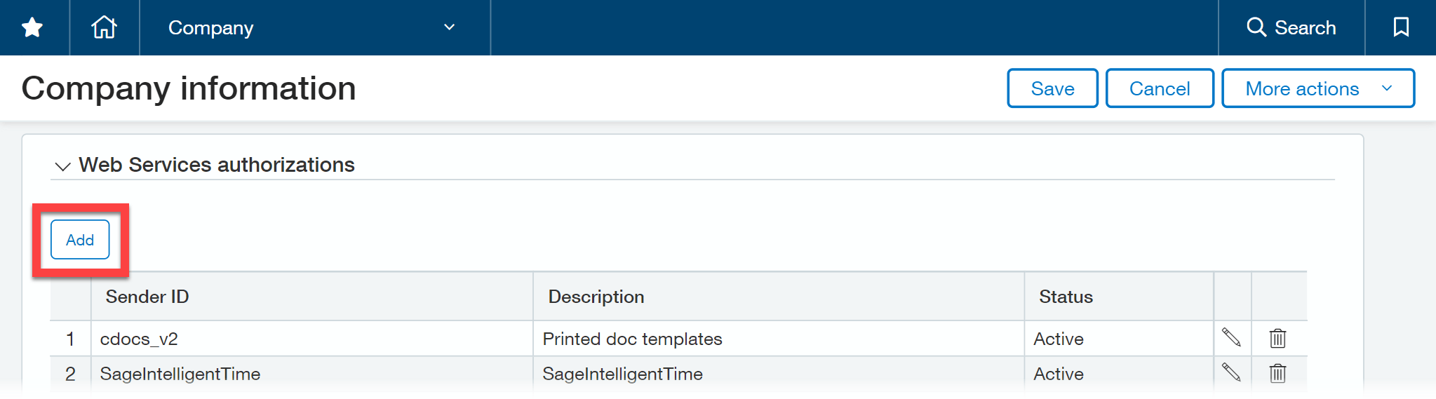 Sage Intacct Web Services authorizations section with Add selected