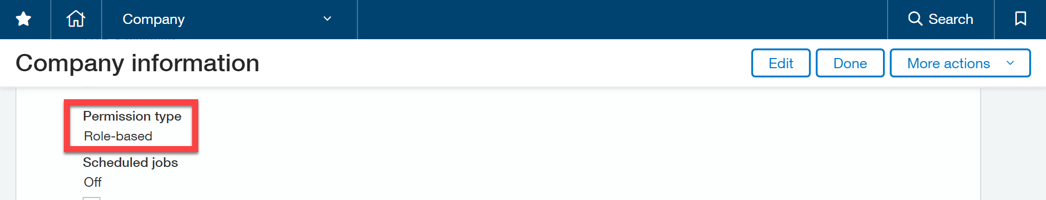 Sage Intacct Company Info page showing the Permission type field