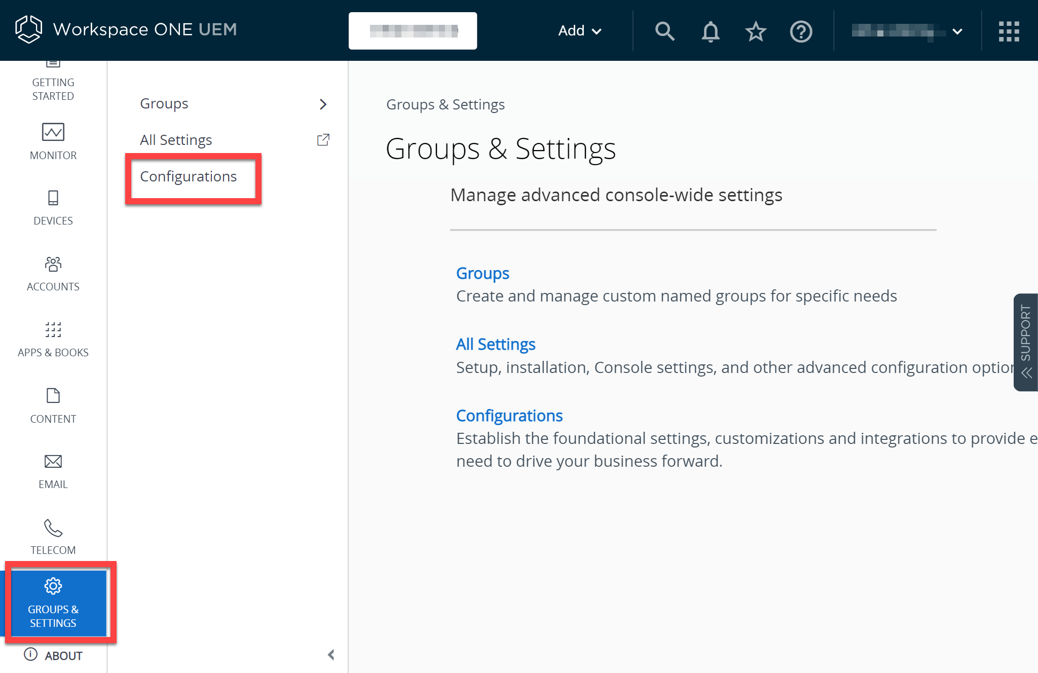 Workspace ONE UEM Groups and Settings menu with Configurations selected