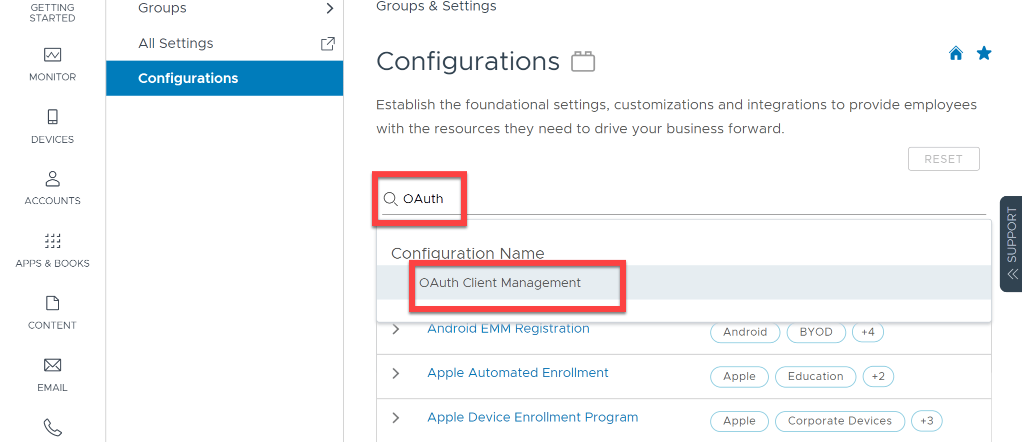 Workspace ONE UEM settings search with OAuth Client Management selected