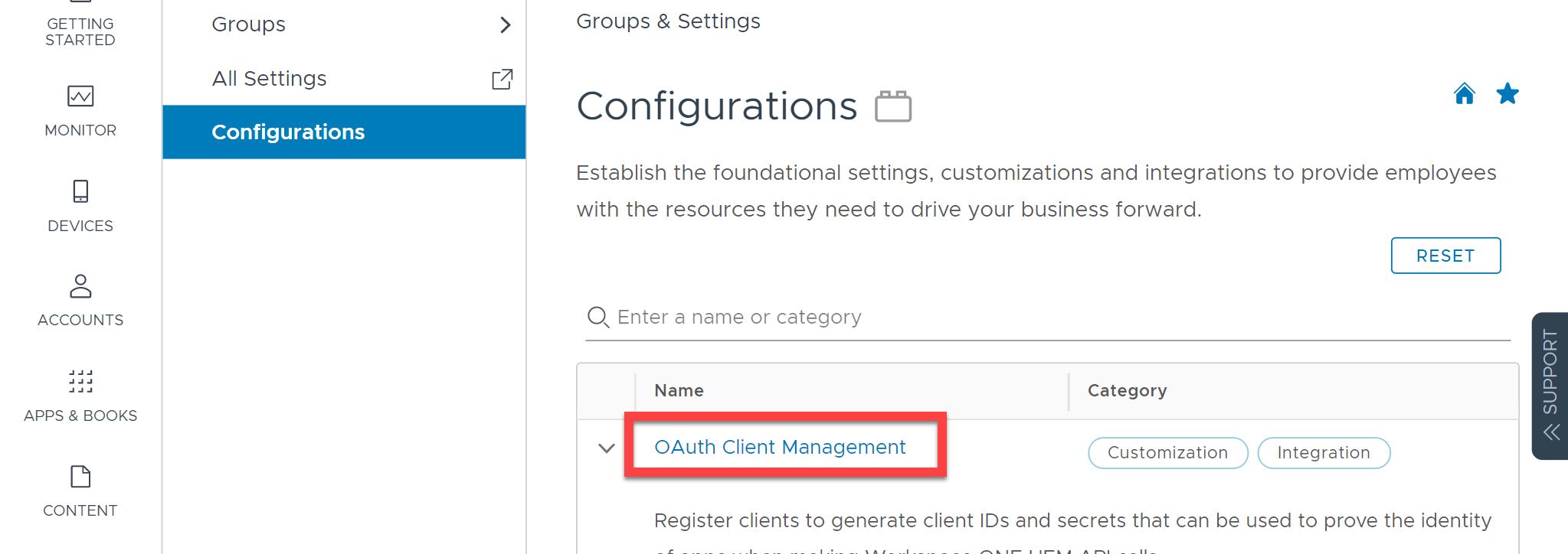 Workspace ONE UEM OAuth Client Management page