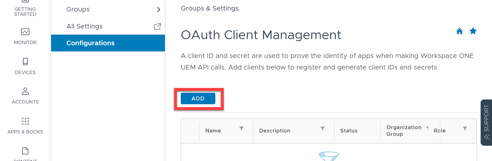 Workspace ONE UEM OAuth Client Management page with Add selected
