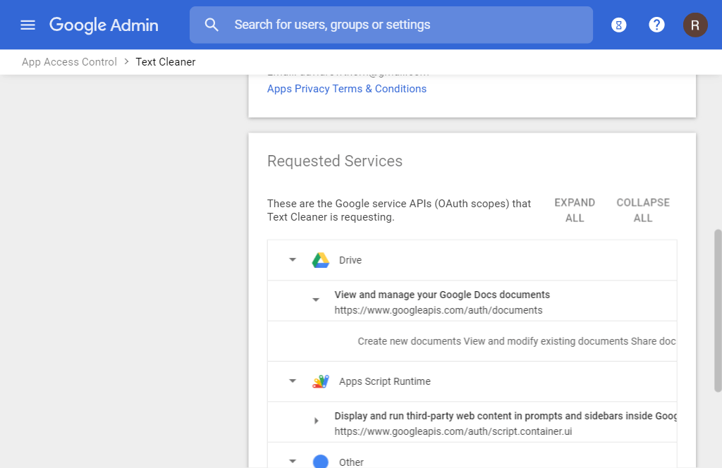 Google Admin third-party app details with requested Google service APIs