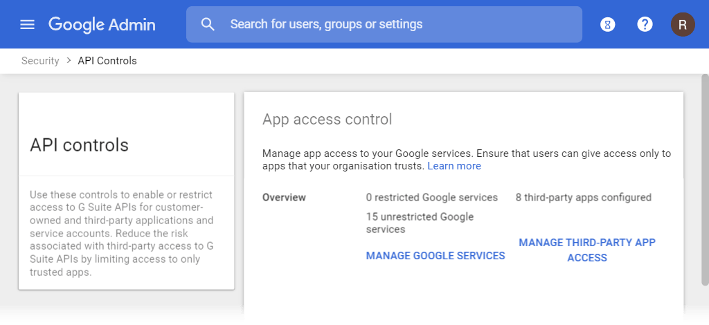 Google Admin API Controls page with Manage Third-Party App Access selected