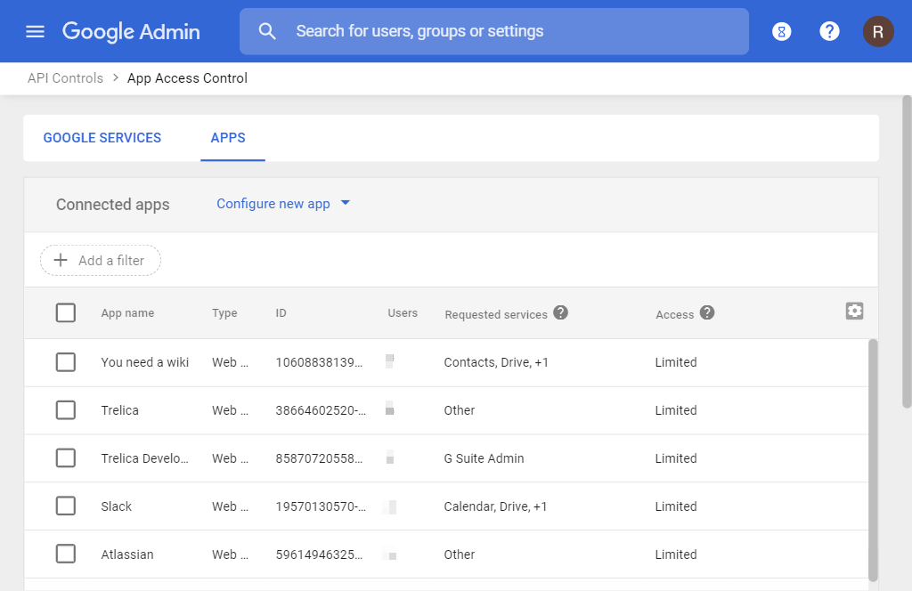 Google Admin Third-Party App Access list