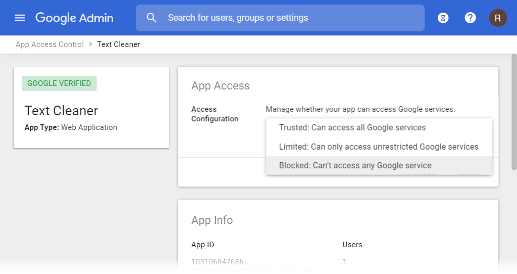 Google Admin App Access configuration with Blocked selected
