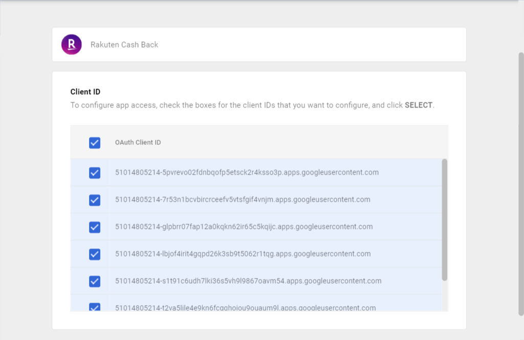 Google Admin OAuth client ID results with the Select action