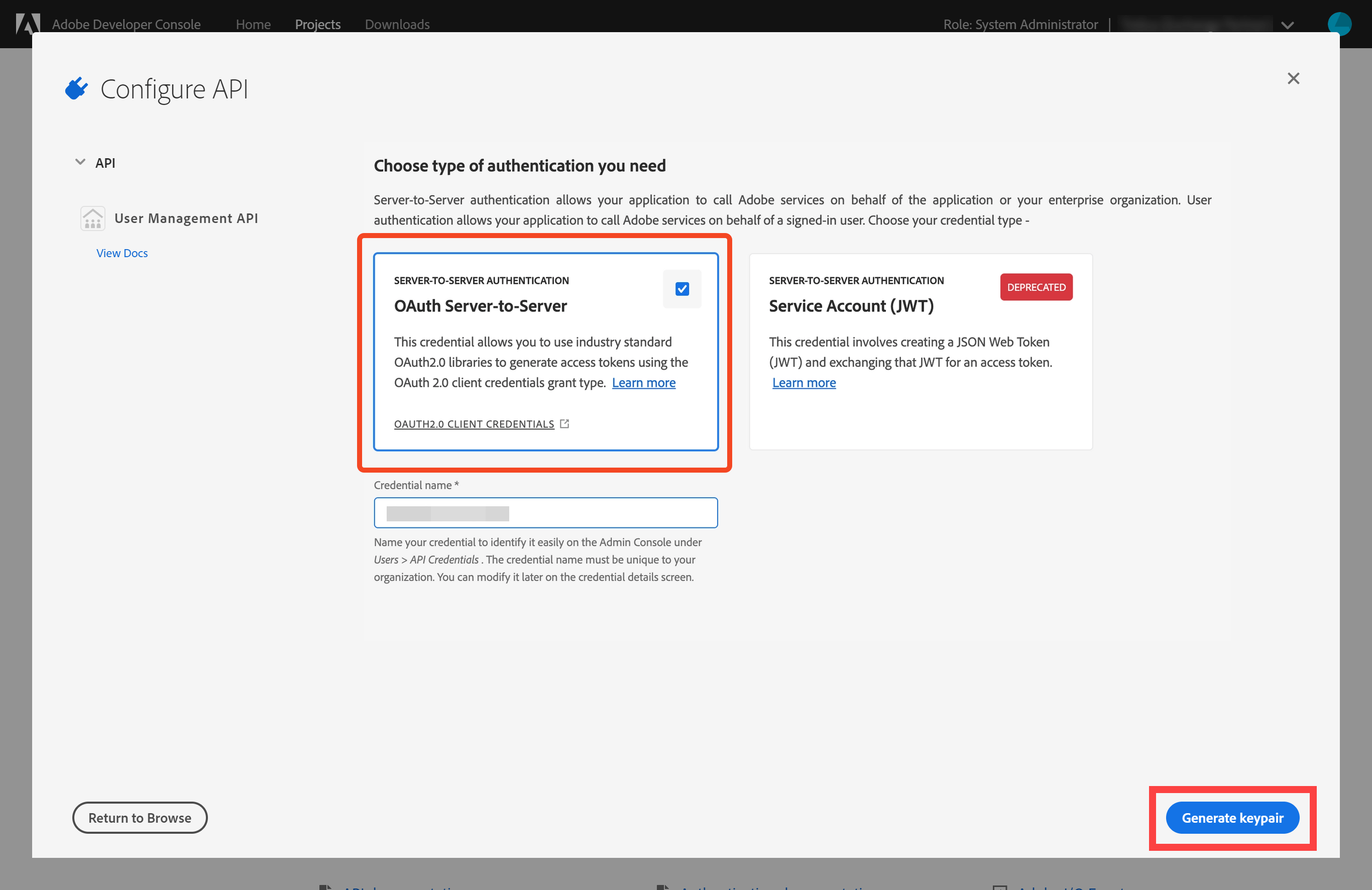Adobe OAuth Server-to-Server credential form with Generate keypair selected