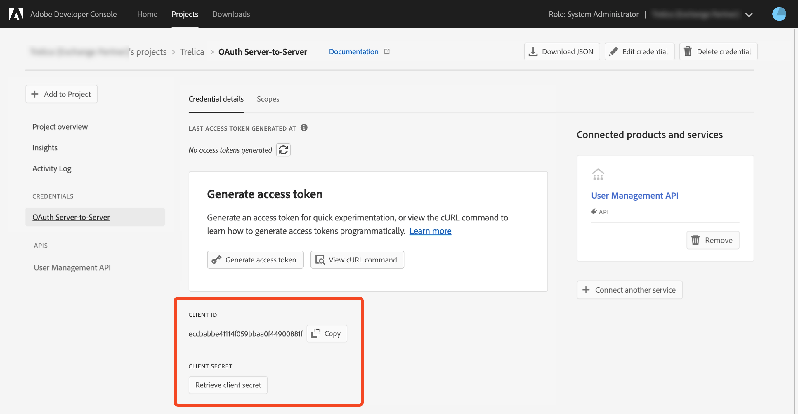 Adobe Developer Console credentials showing the client ID and client secret