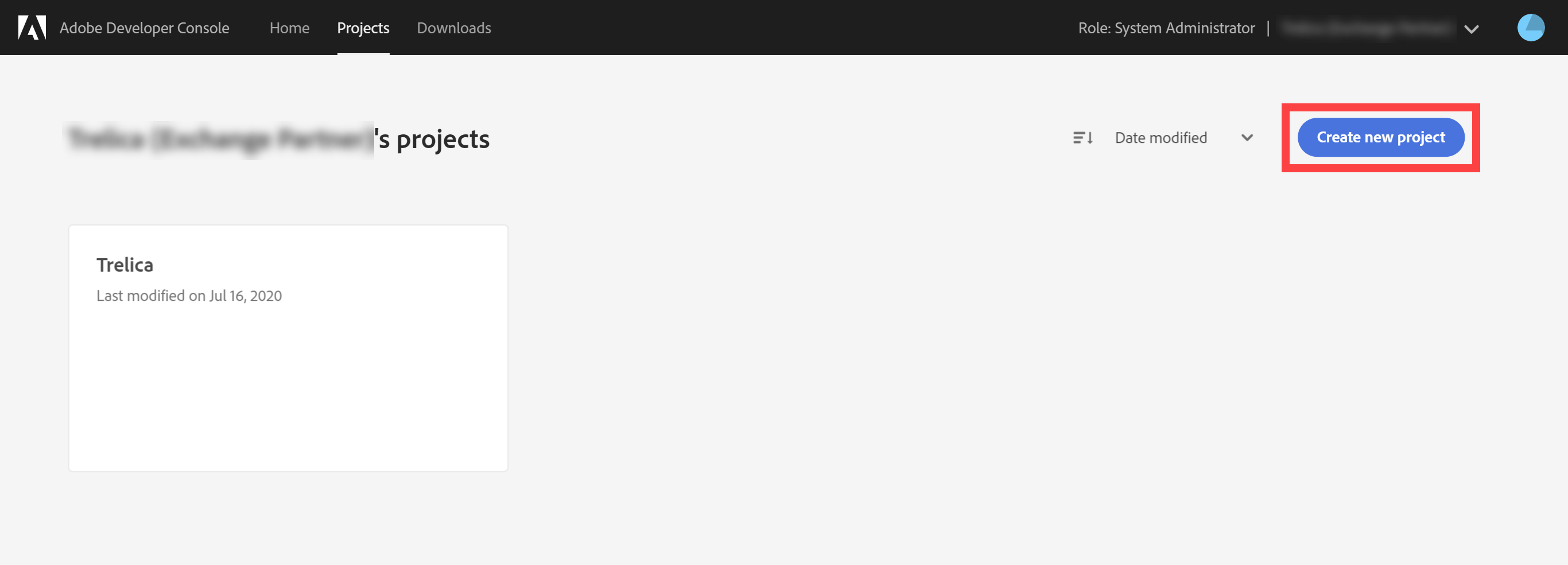 Adobe Developer Console Projects page with Create new project selected