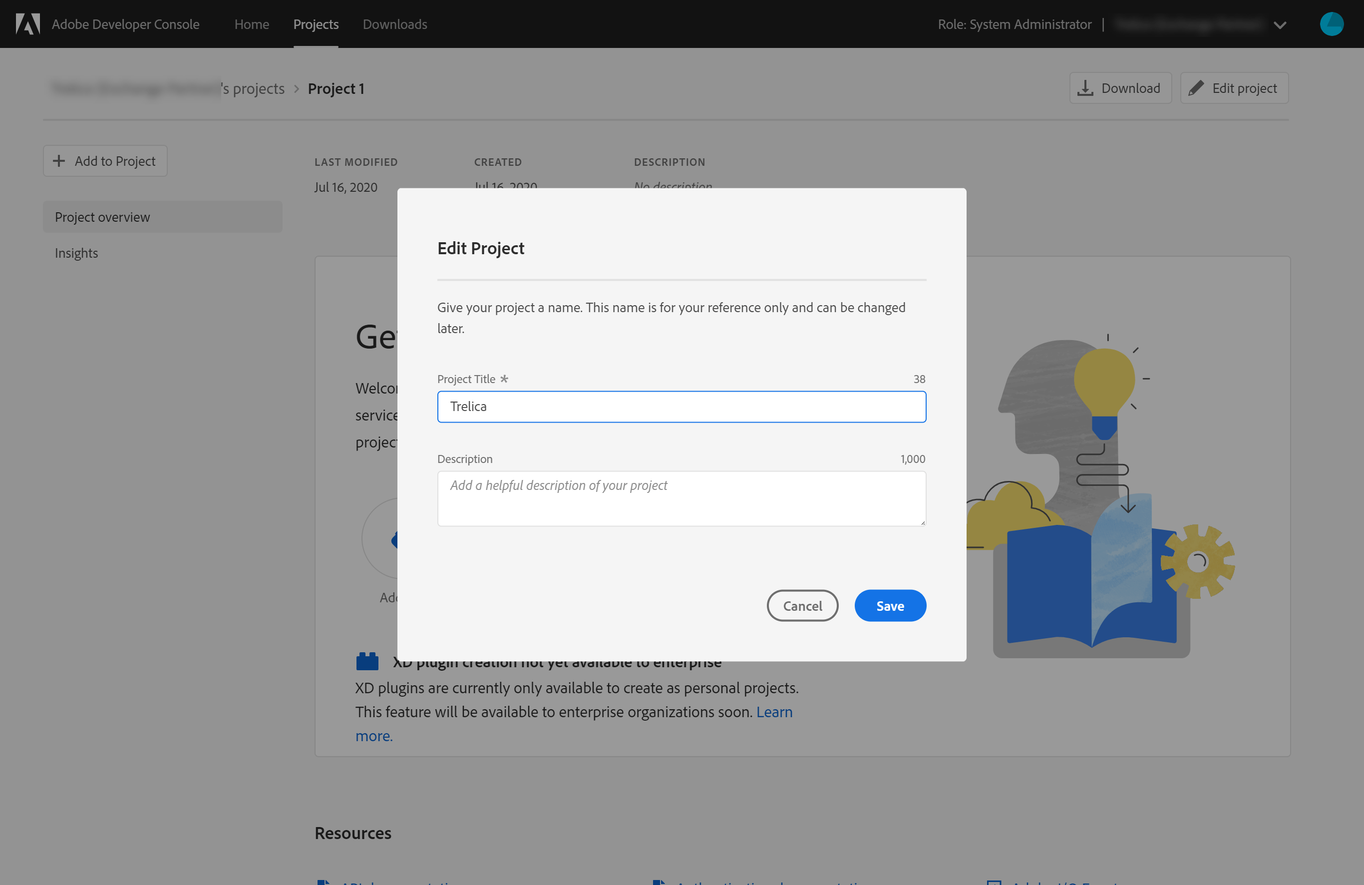Adobe Developer Console project with Edit project selected