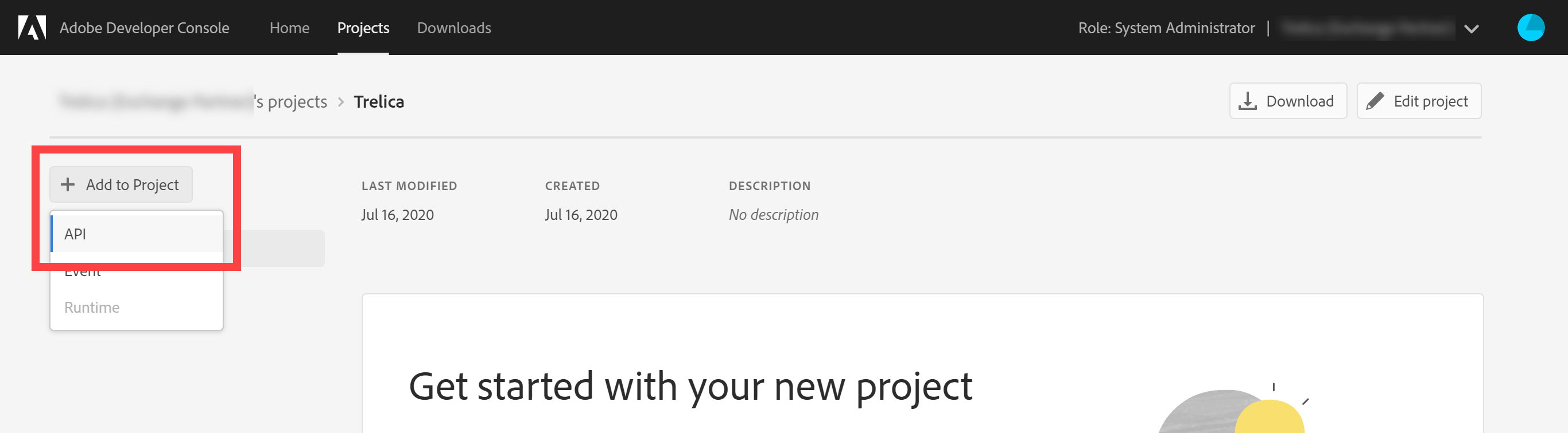 Adobe Developer Console Add to Project menu with API selected