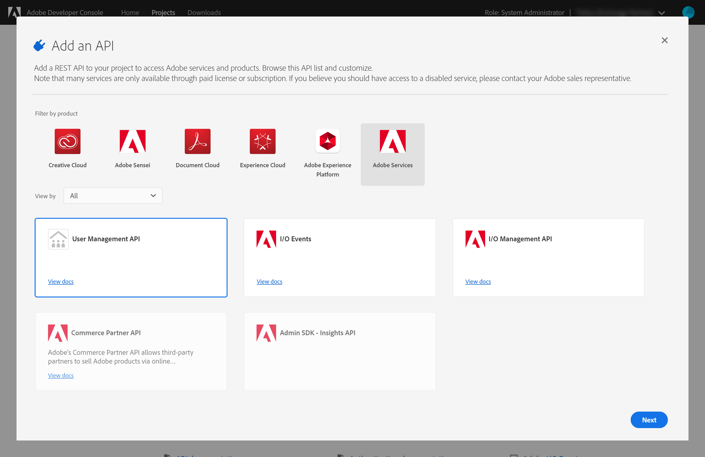 Adobe Developer Console API selection with User Management API selected
