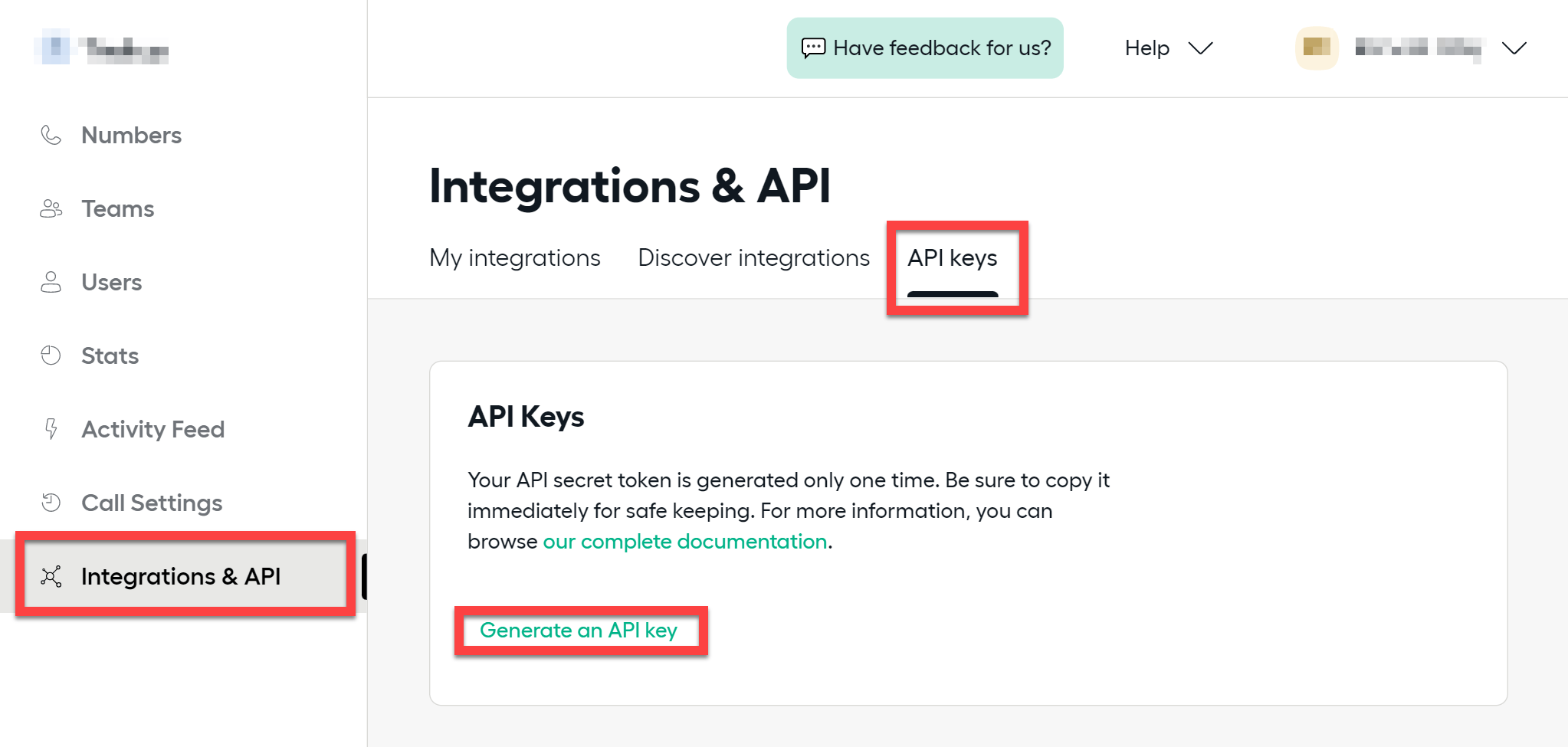 Aircall Integrations and API page with the API keys tab and Generate an API key button highlighted