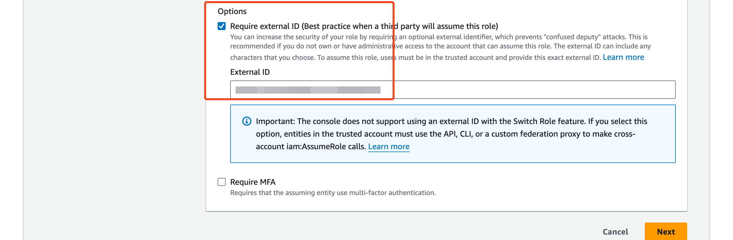 AWS IAM role options with Require external ID selected