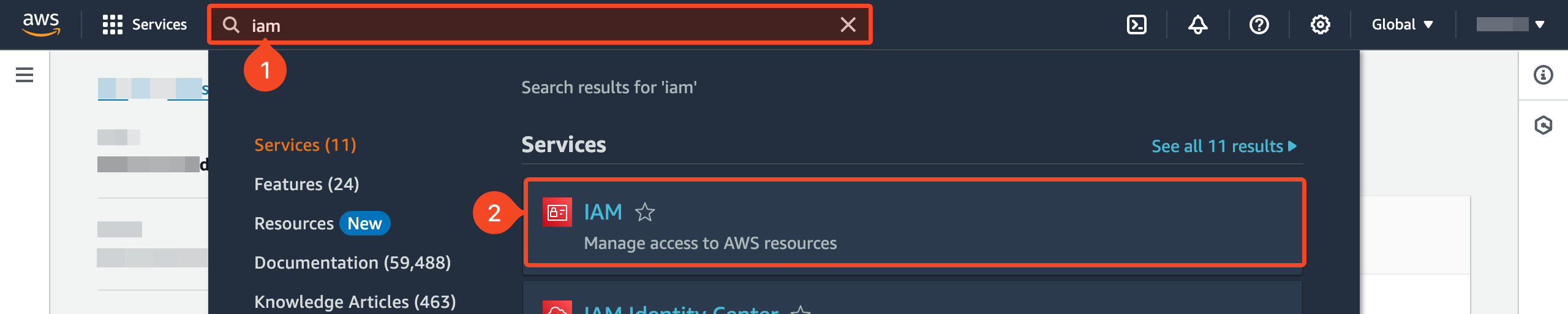 AWS console with Identity and Access Management selected