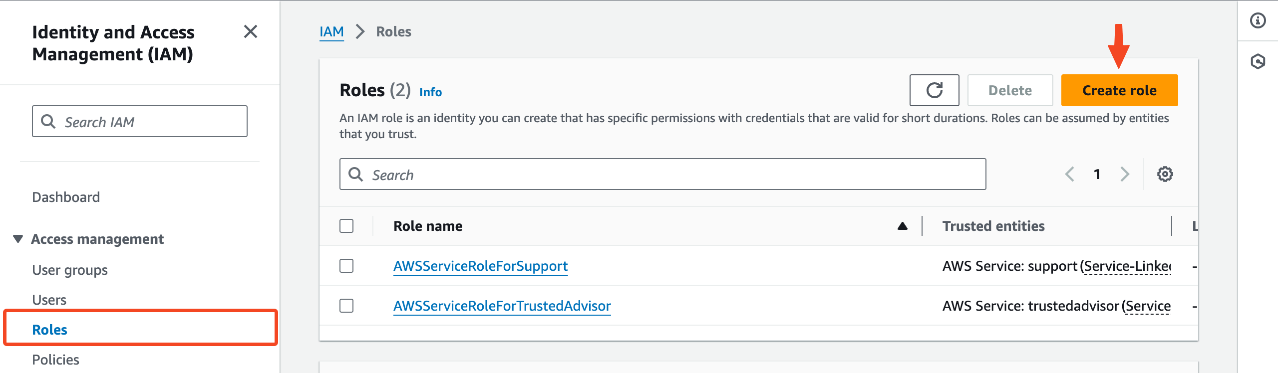 AWS IAM Roles page with Create role selected