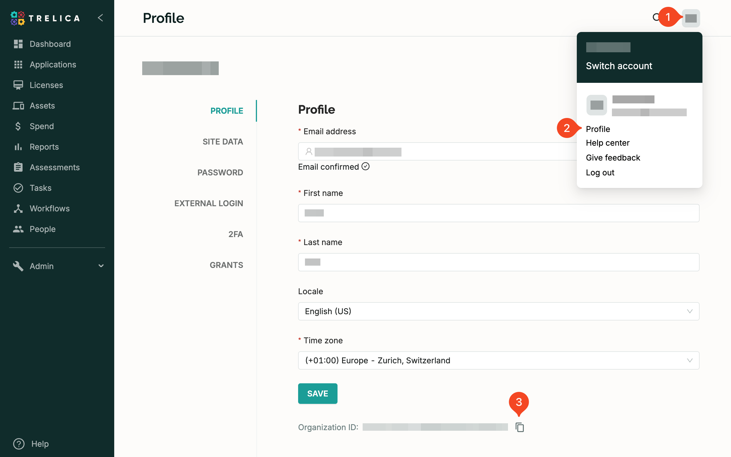 SaaS Manager profile page showing the organization ID
