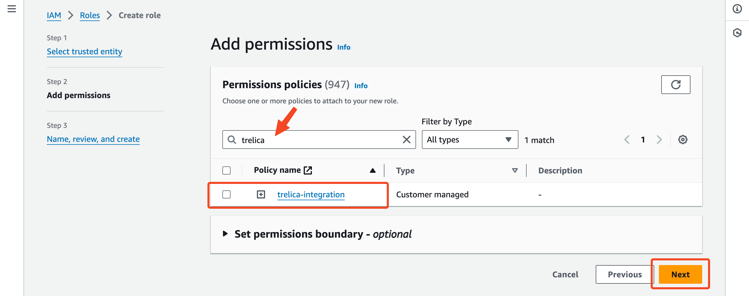 AWS IAM role permissions page with the SaaS Manager policy selected